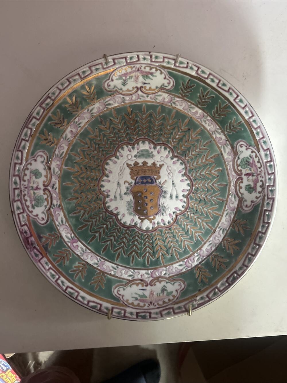 Oriental Accent Wall Plate Ceramic Handmade Decor Green Gold Water Carrier Art